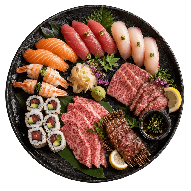 A platter of seared wagyu, nigiri and rolls