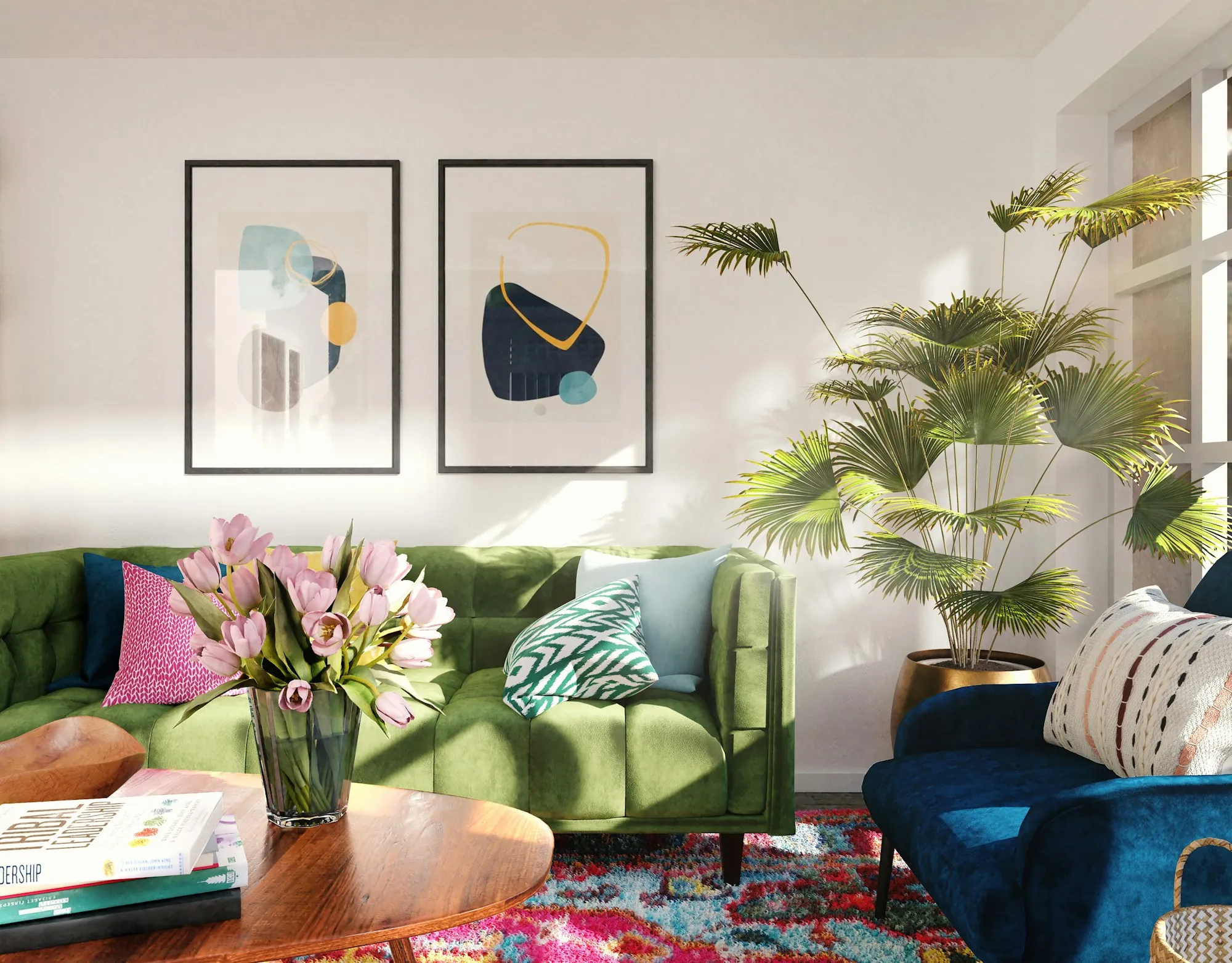 A bright living room with a green velvet sofa, a blue armchair, framed prints and plants