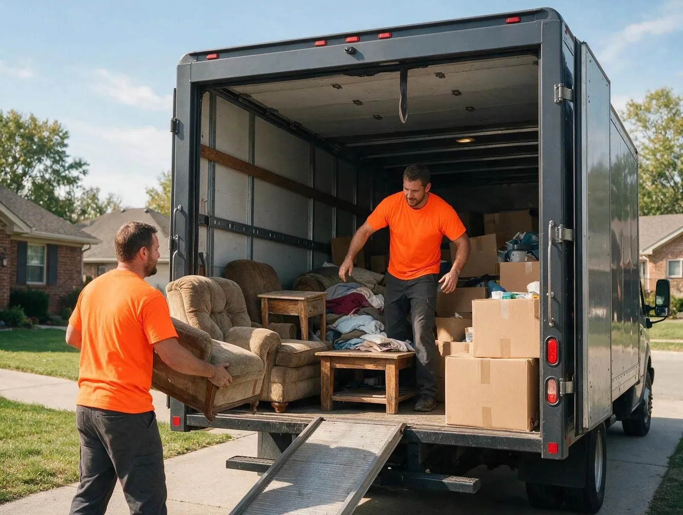 Two movers in orange shirts unloading a sofa and boxes from a box truck