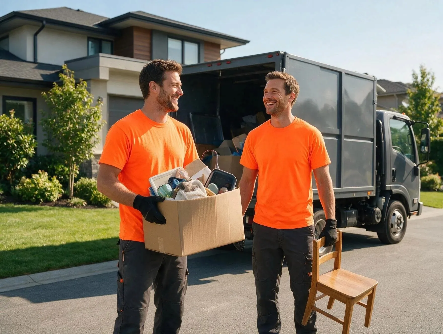 Two haulers carrying a box down a driveway beside the truck