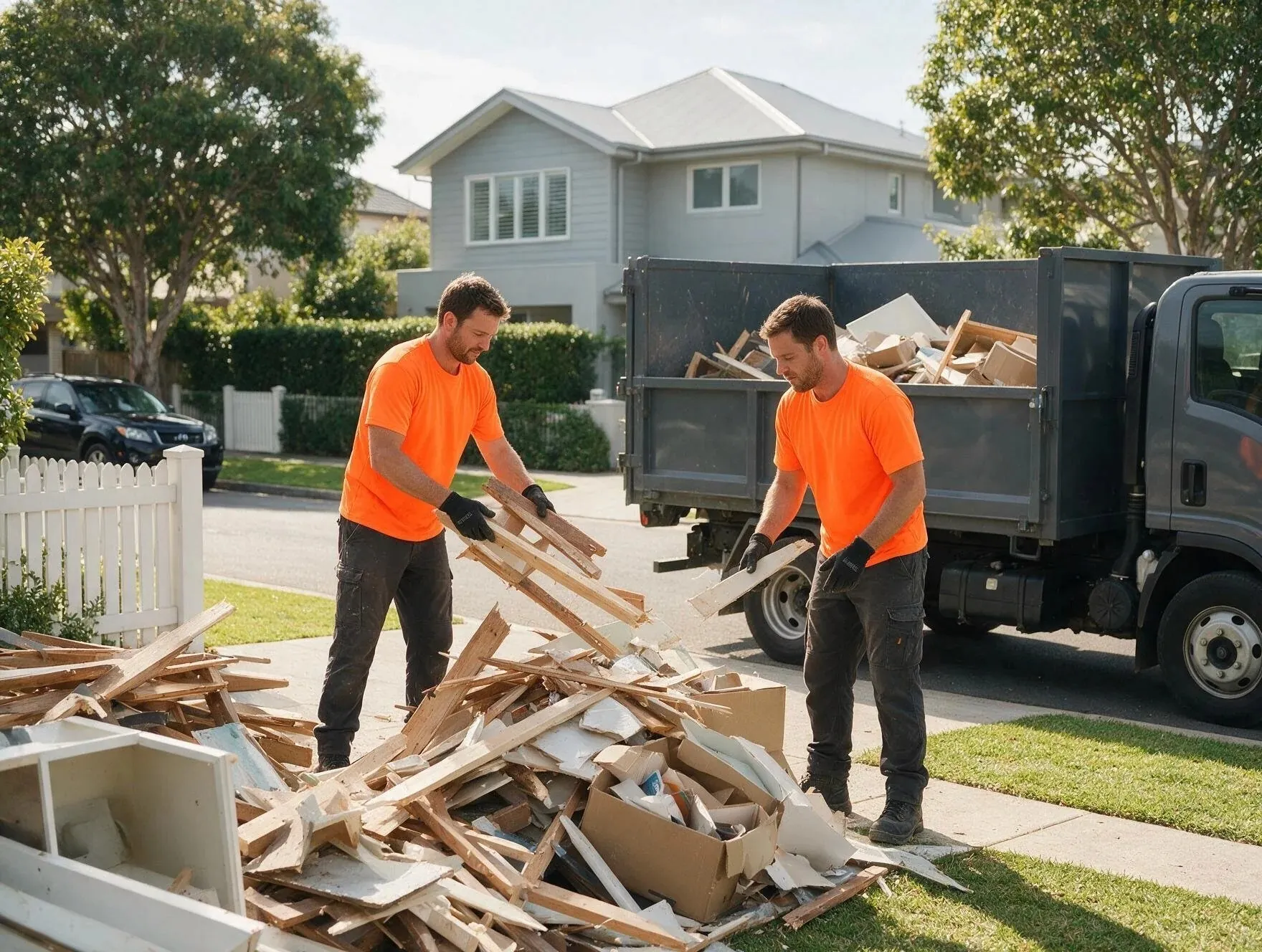 Two haulers clearing a pile of construction debris beside a truck