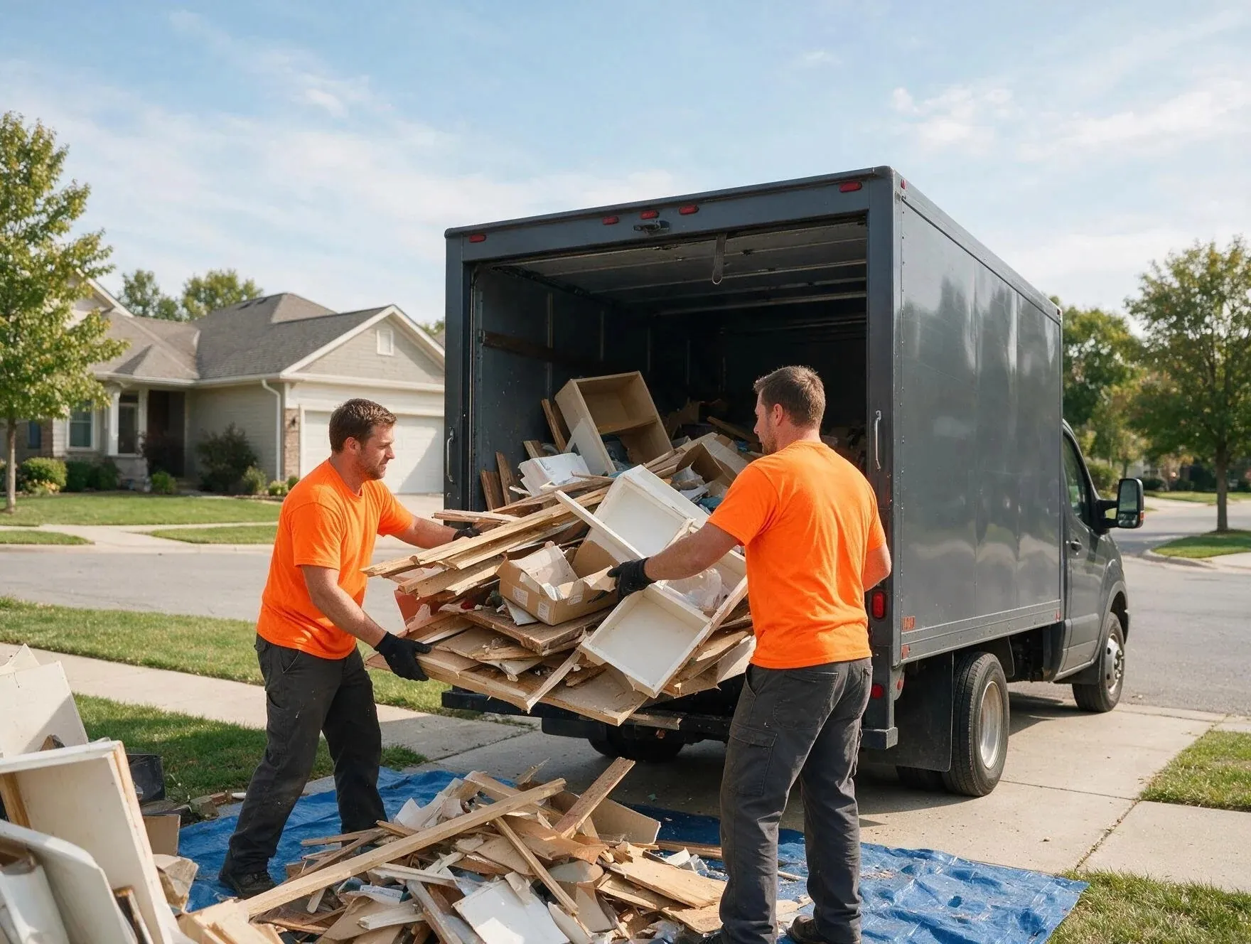 Two haulers loading broken boards into the back of a truck