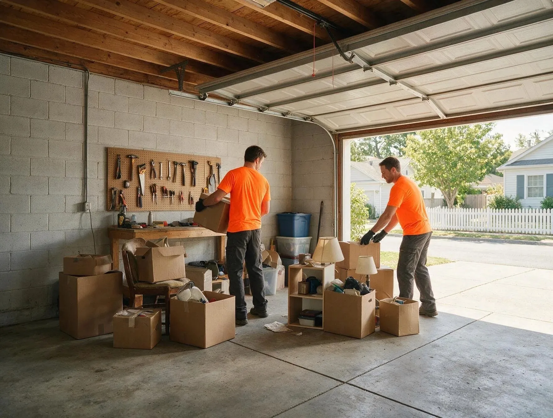 Two haulers clearing boxes out of a garage