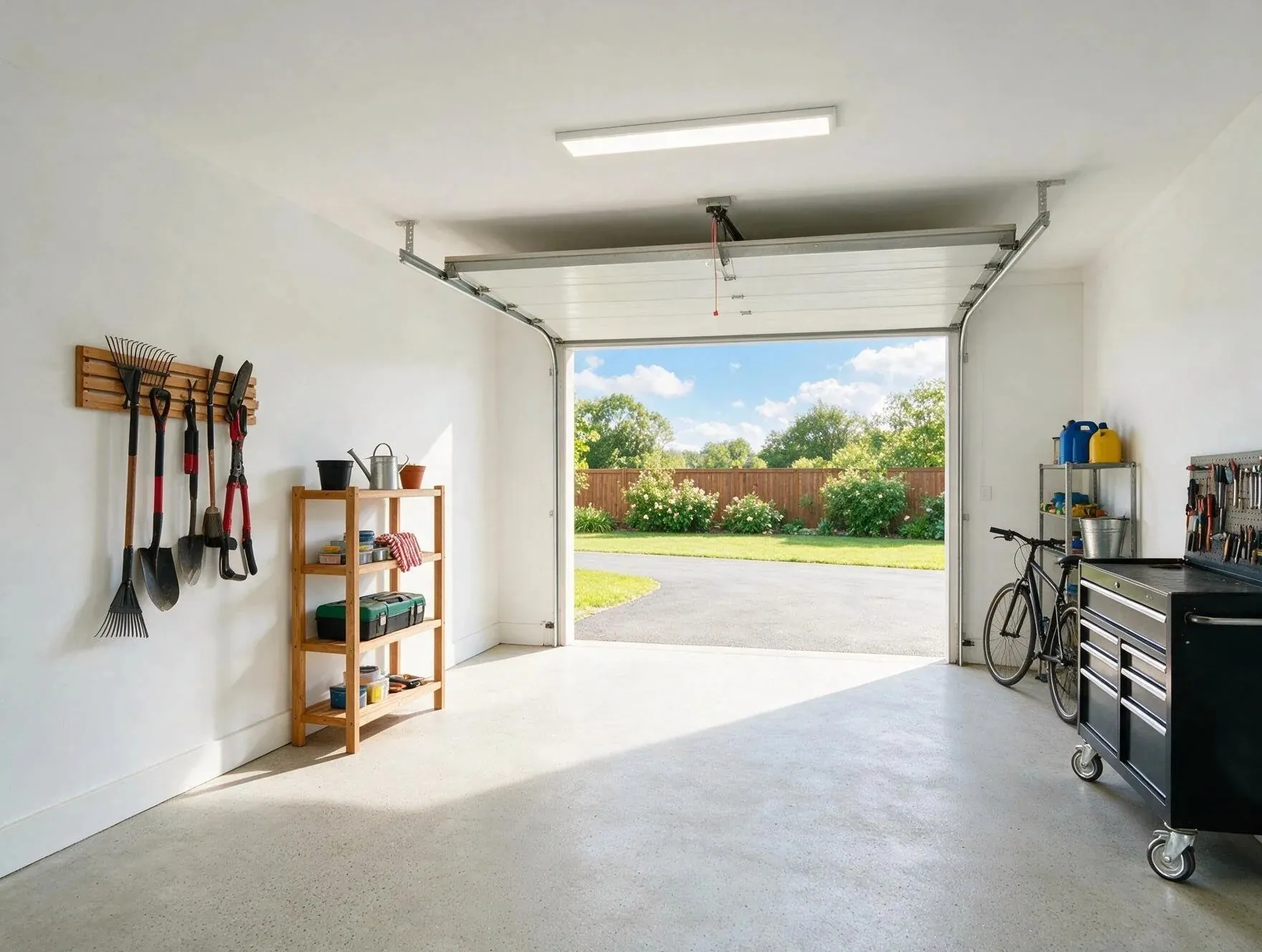 An empty, swept garage with its door open