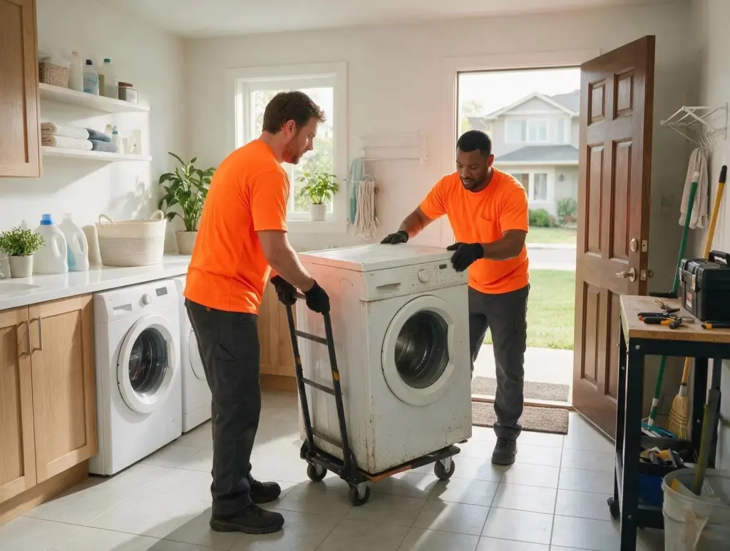 Two haulers wheeling a washing machine out of a laundry room on a dolly