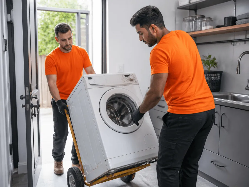 Two haulers carrying a washing machine out through a doorway