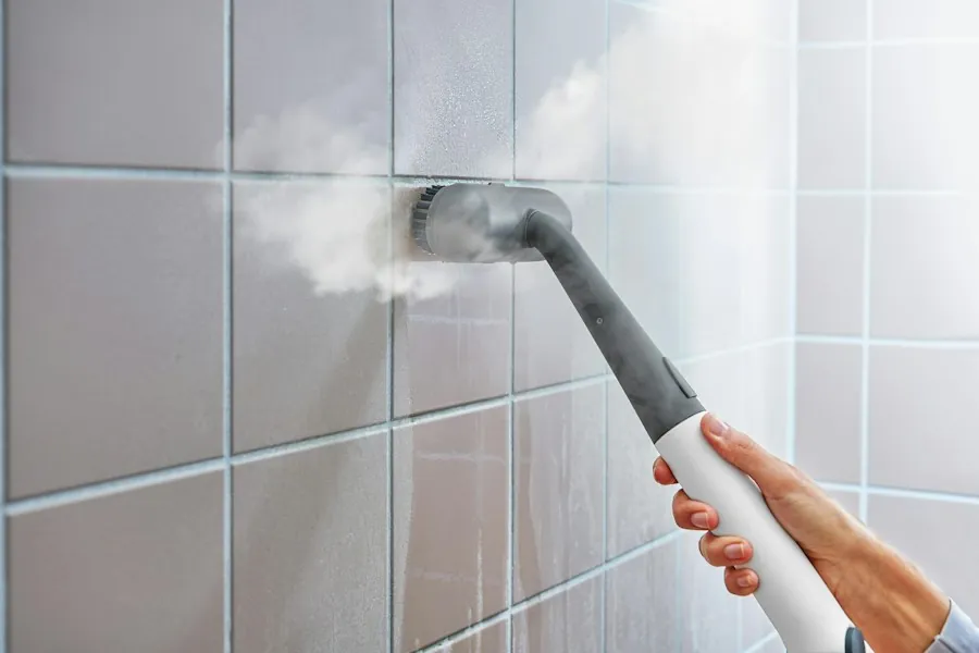 A steam cleaner lifting grime from white wall tiles