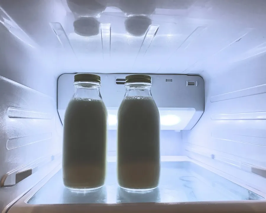 Inside a clean, empty fridge with two glass bottles