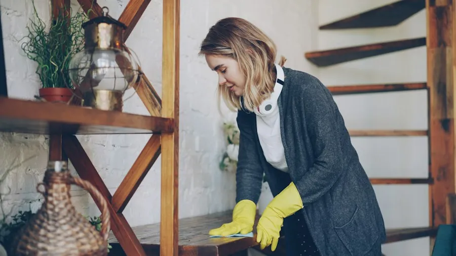 A cleaner in yellow gloves dusting a wooden table