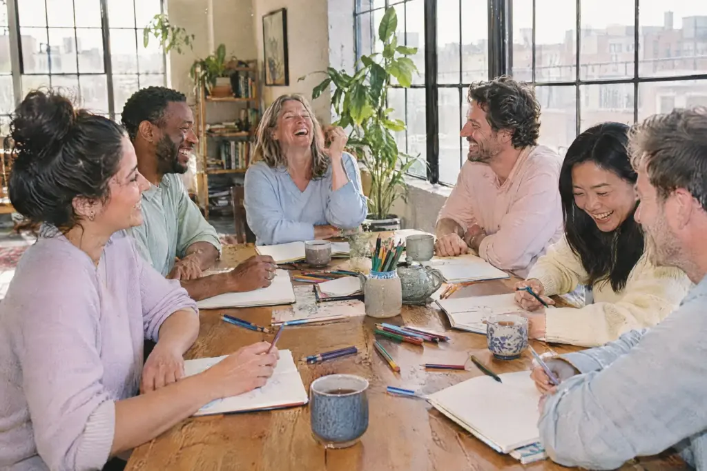 A small group laughing together around a table covered in notebooks