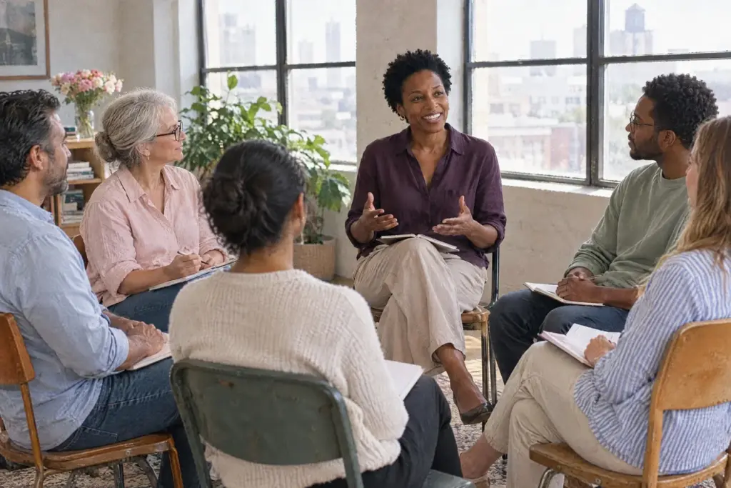 A small coaching group talking in a bright loft