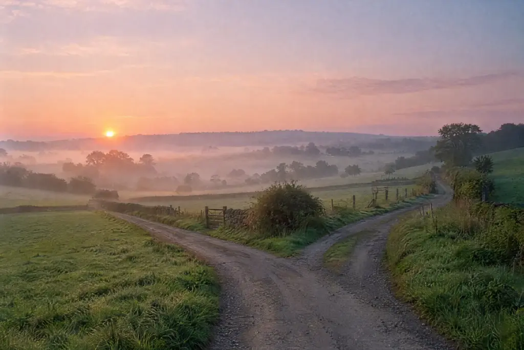 A quiet country lane that forks into two paths at sunrise