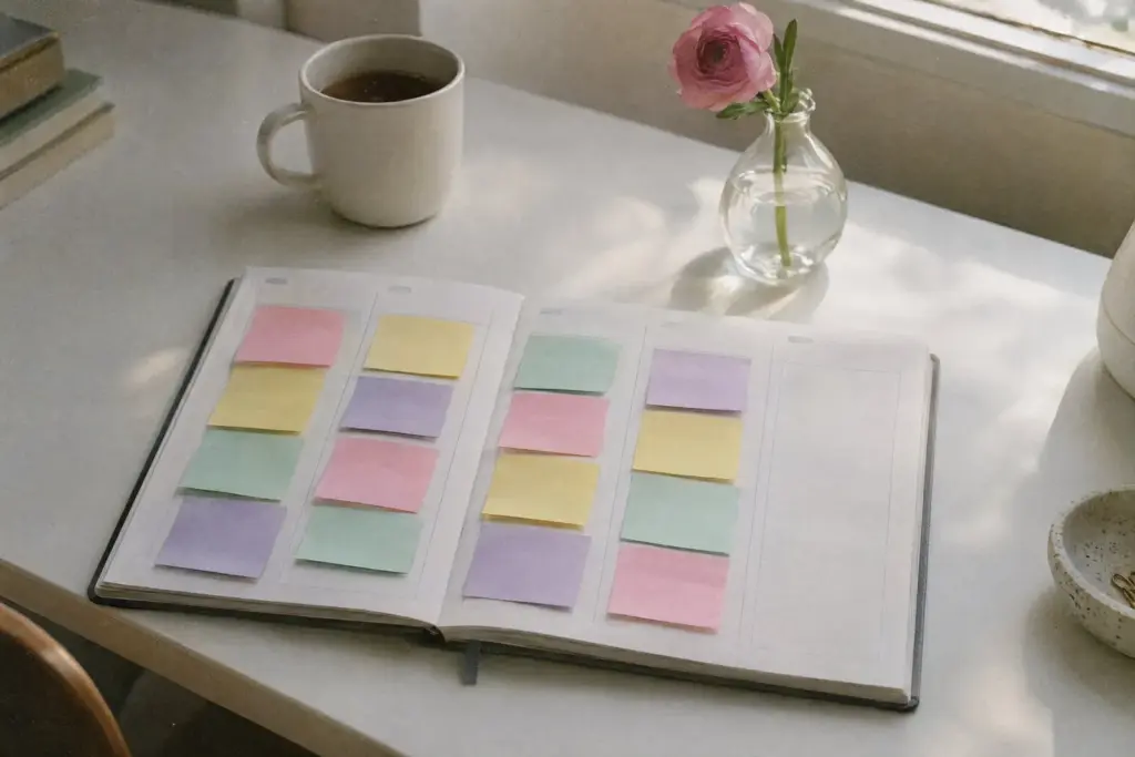 A weekly planner covered in pastel sticky notes, with one empty day circled in pencil