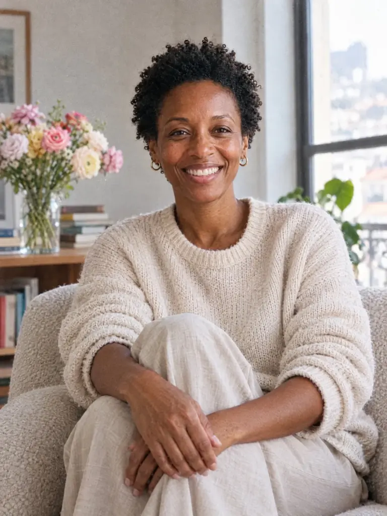 Iris Calder smiling in an armchair in her bright Lisbon apartment