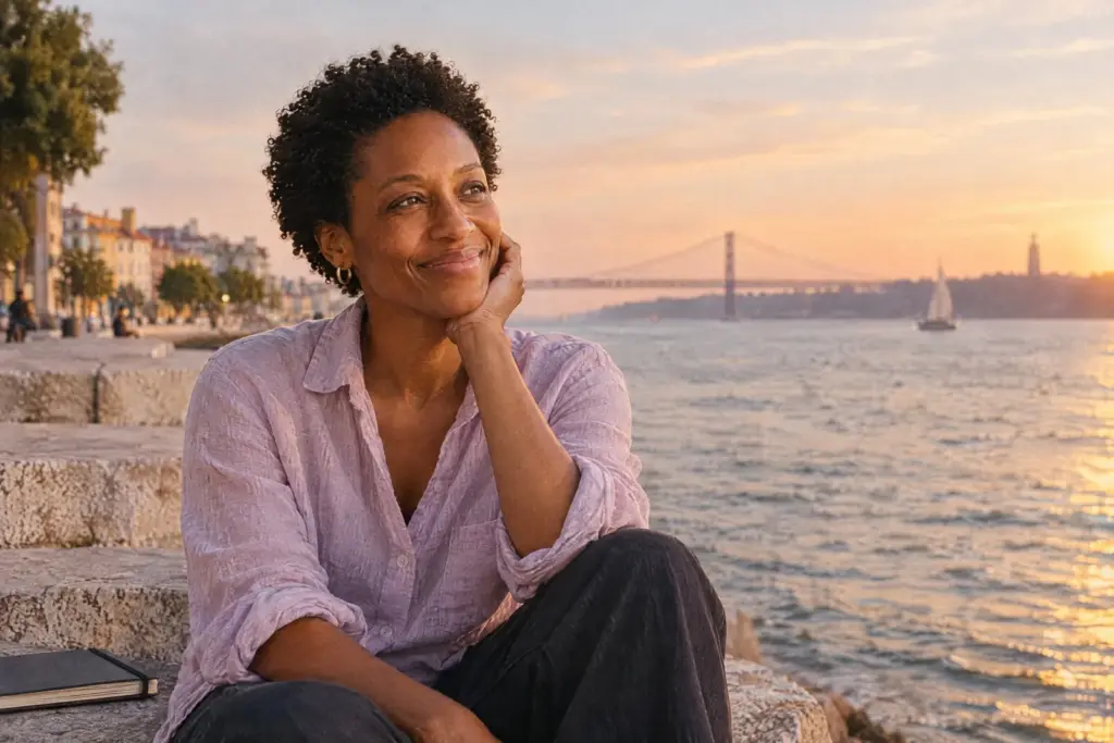 Iris sitting by the river in Lisbon at golden hour