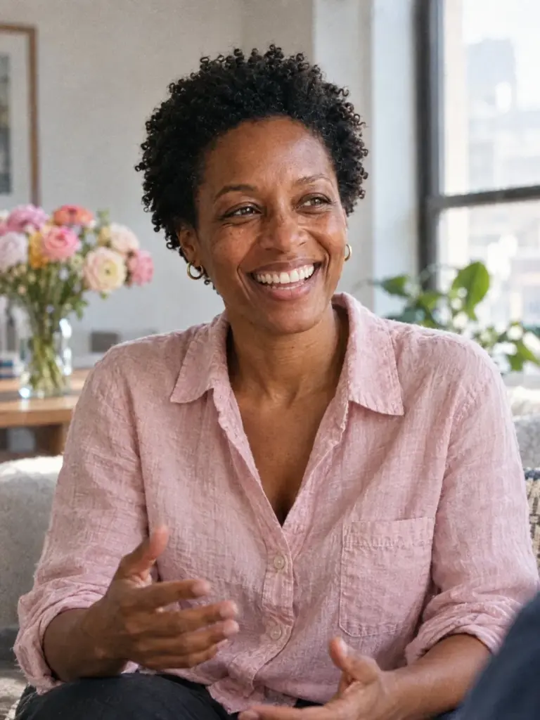 Iris Calder, life coach, laughing during a conversation in her bright apartment