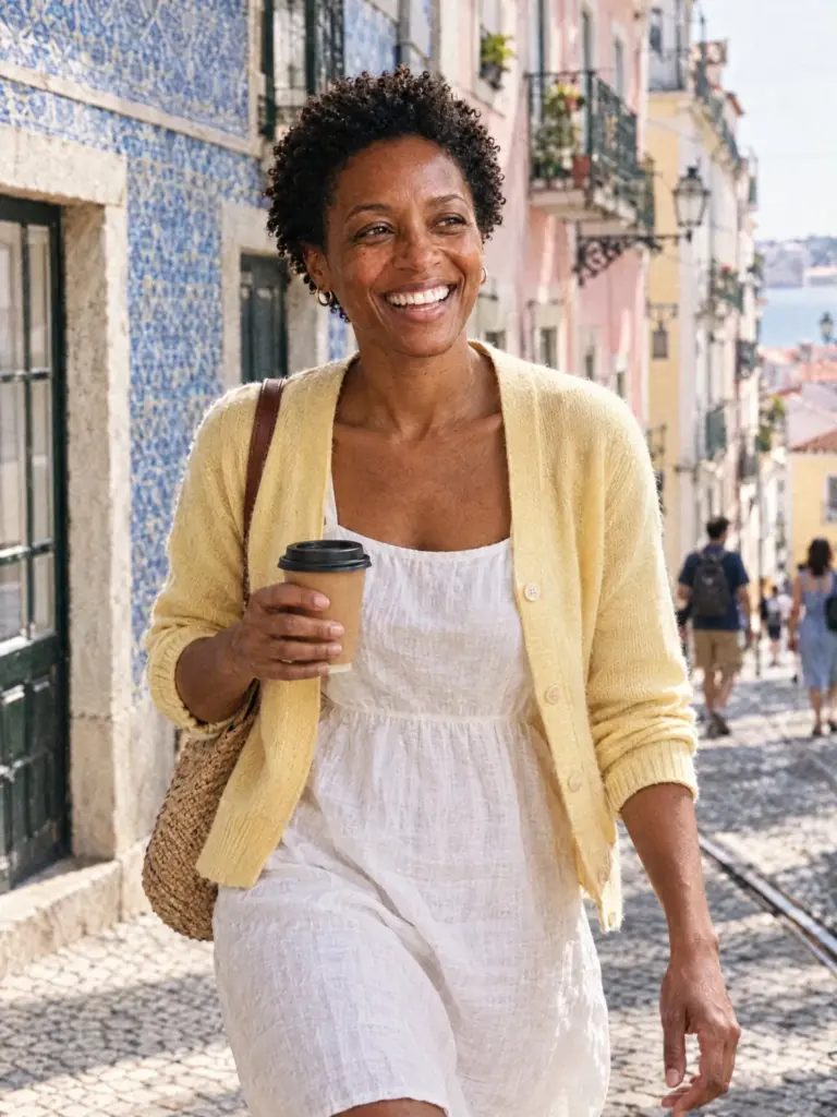 Iris smiling as she walks down a sunny street in Lisbon, coffee in hand