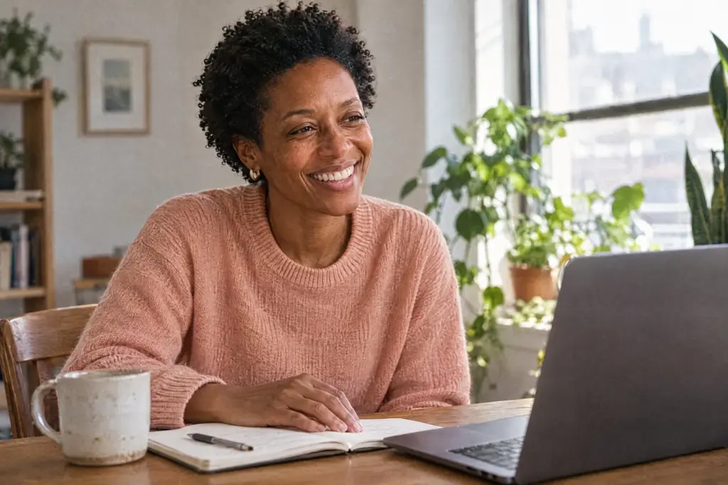 Iris coaching a client on a video call from her home office