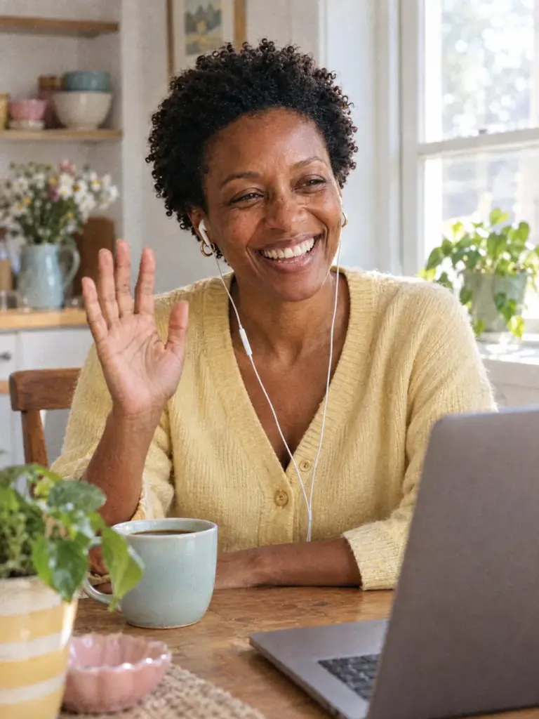 Iris smiling and waving at the start of a video coaching call