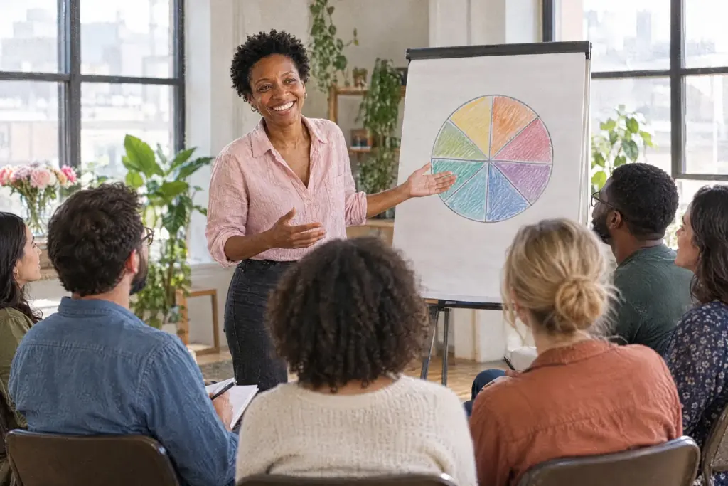 Iris leading a small workshop beside a flipchart with a coloured wheel