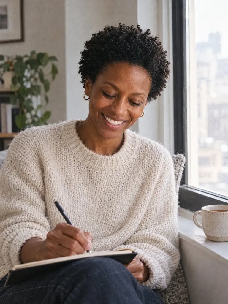 Iris writing in a notebook on a sunny window seat, a cup of tea beside her