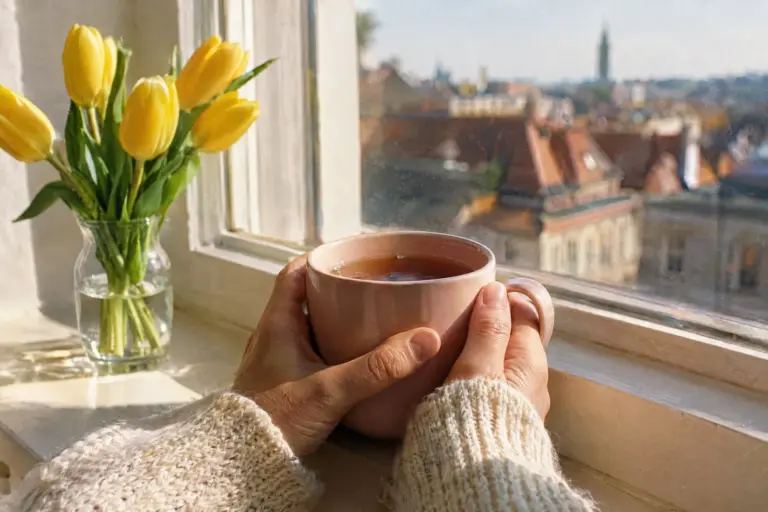 Hands holding a pink mug of tea by a sunny window with yellow tulips
