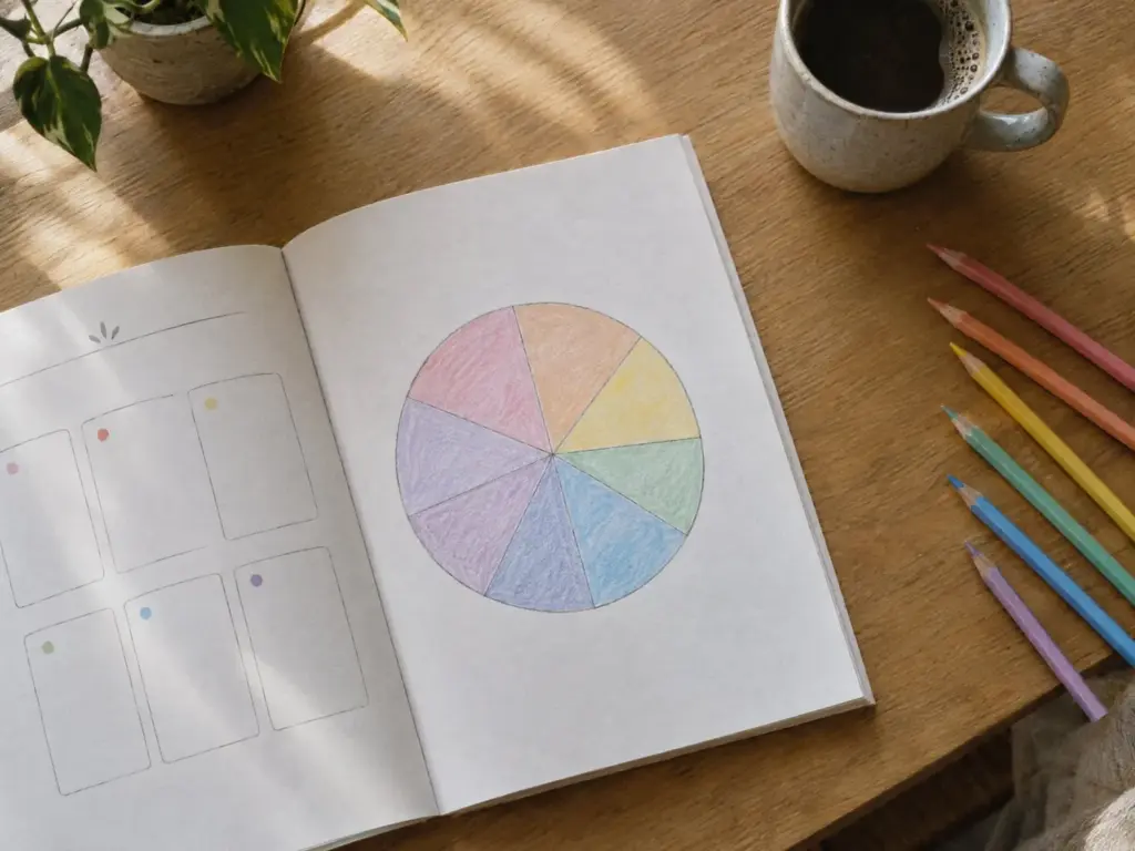 The Wheel of Life workbook open on a wooden table, with coloured pencils