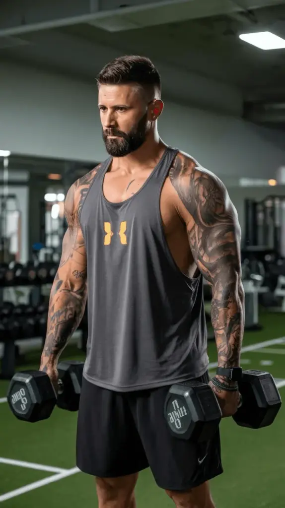 A tattooed athlete lifting a dumbbell