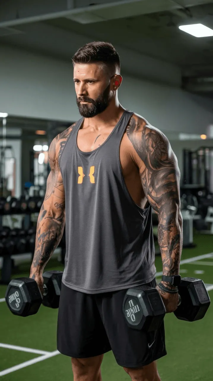 A tattooed athlete lifting a dumbbell