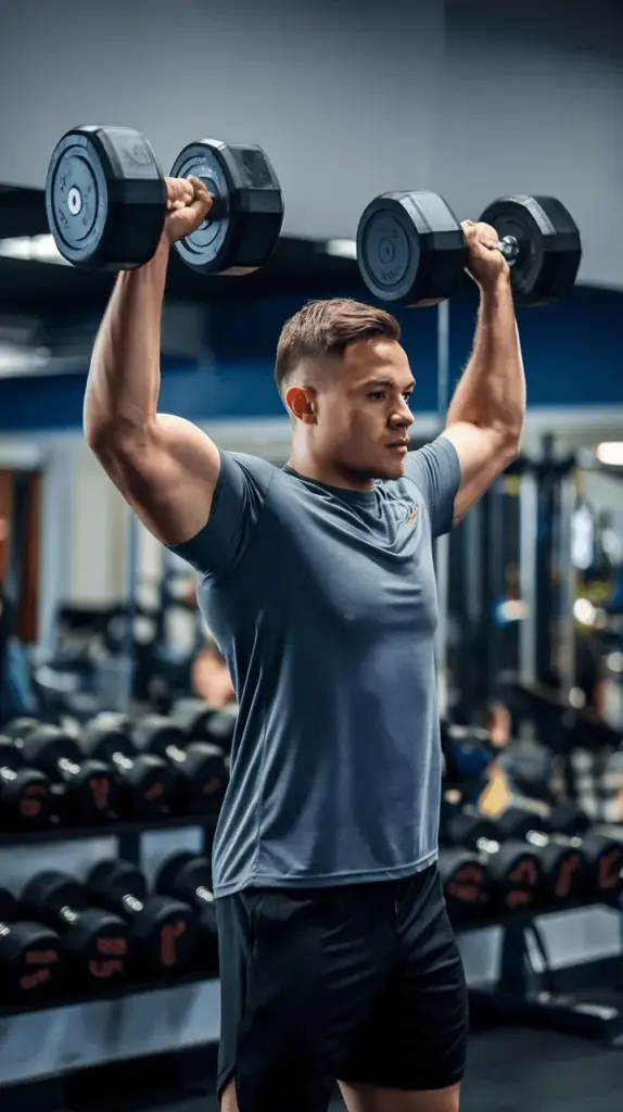 An athlete pressing dumbbells overhead
