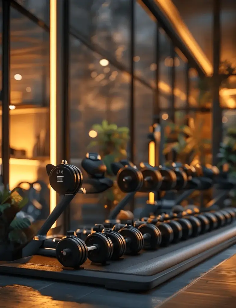 Rows of dumbbells on a rack by the windows