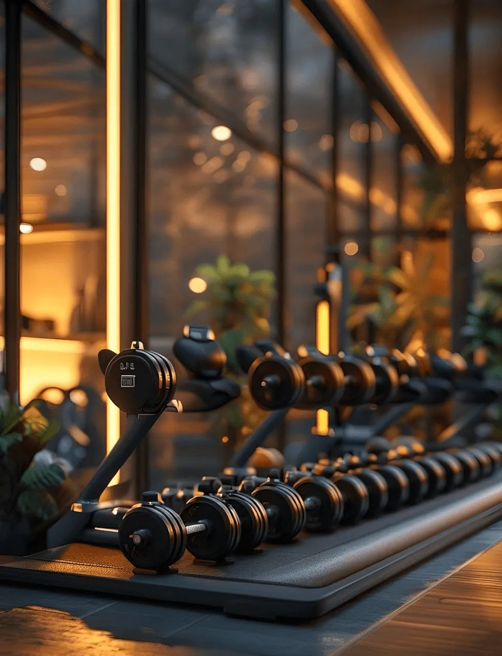Rows of dumbbells on a rack by the windows