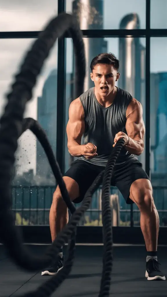 An athlete training with battle ropes