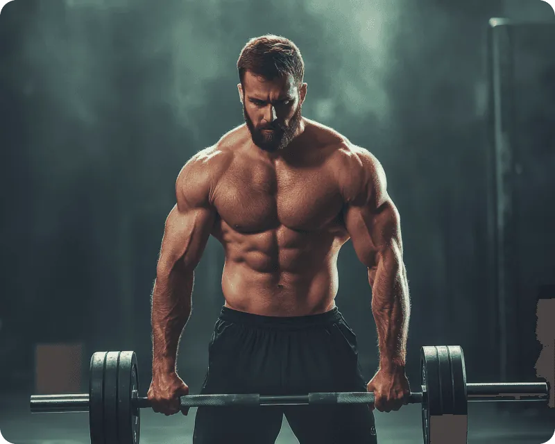 An athlete standing over a loaded barbell