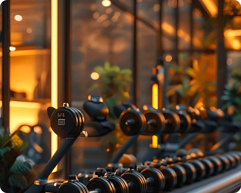 Dumbbell racks in a gym with warm lights