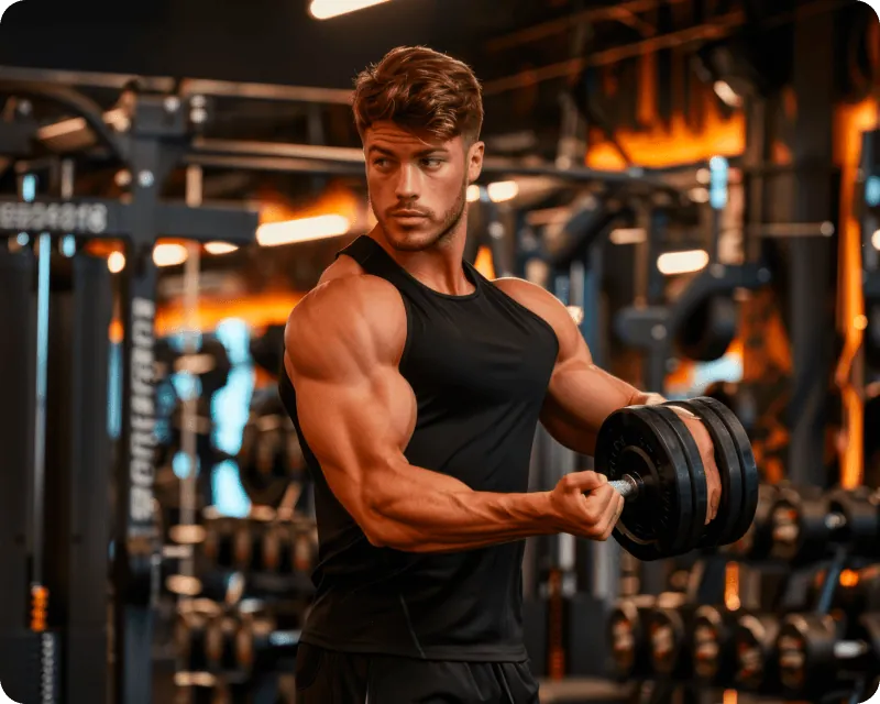 An athlete lifting a weight plate in a warm-lit gym