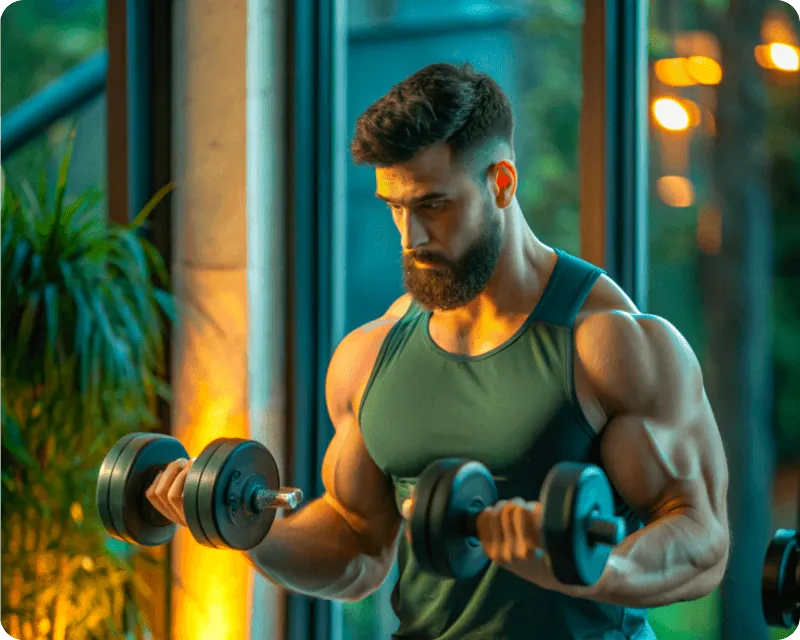 An athlete curling dumbbells