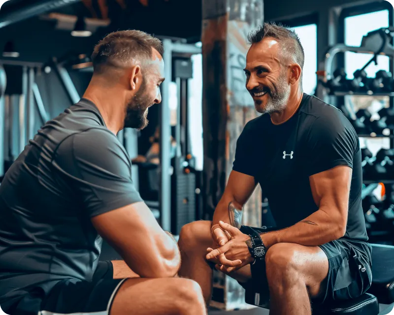 Two athletes laughing between sets