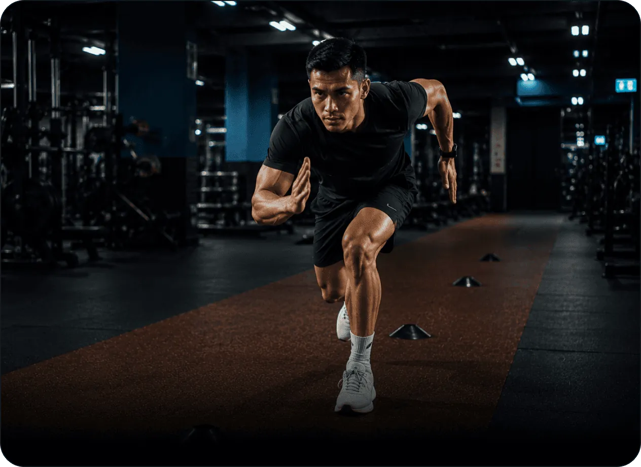 An athlete sprinting between cones on the gym floor