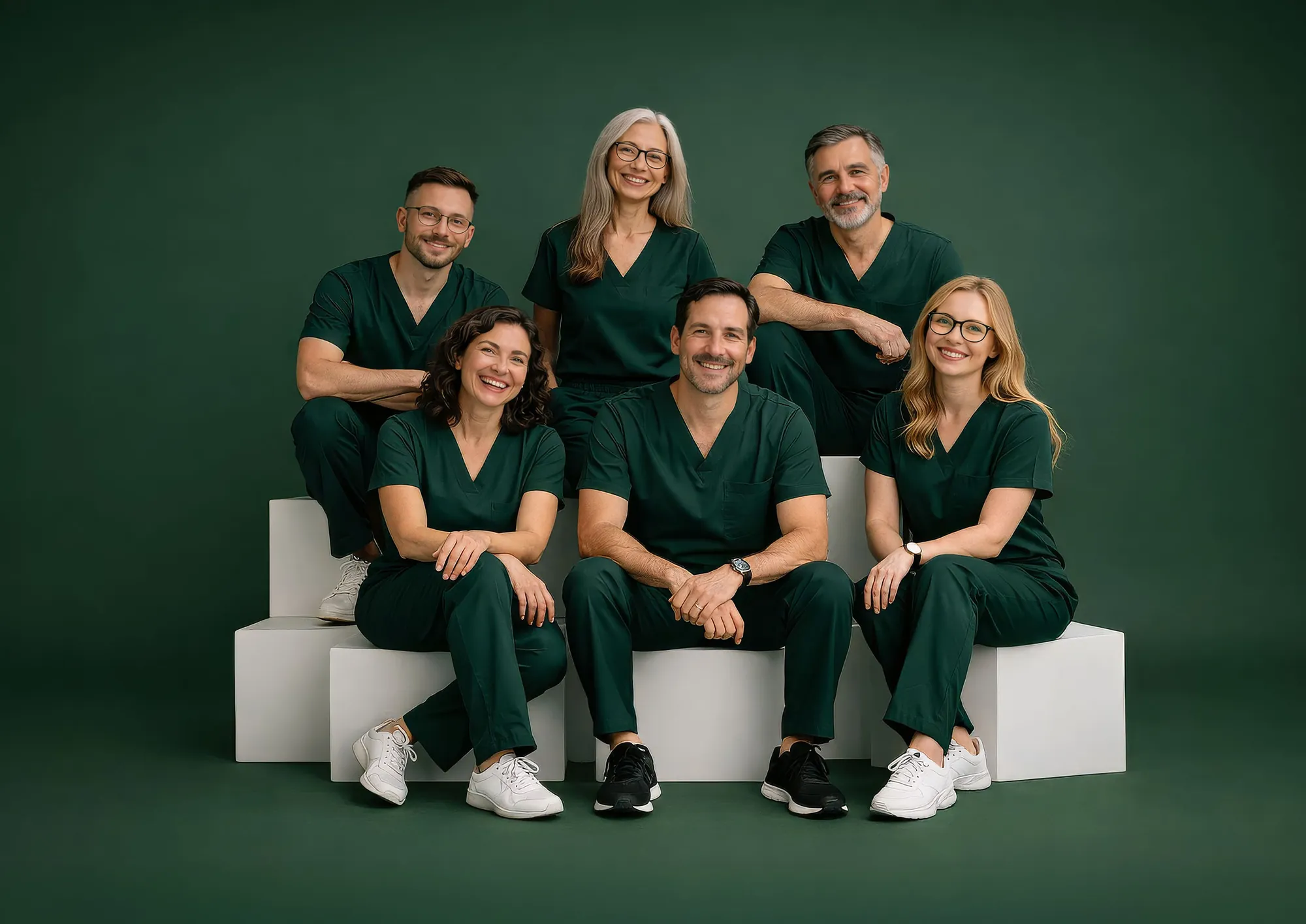 The dental team in green scrubs on a green background