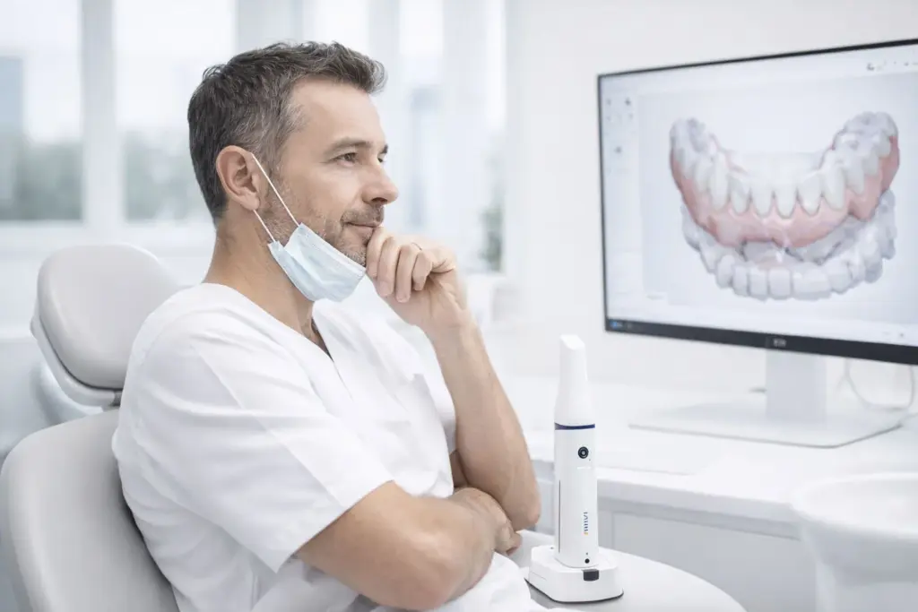 A dentist thinking in a dental office