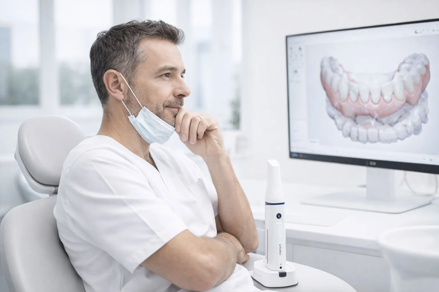 A dentist thinking in a dental office