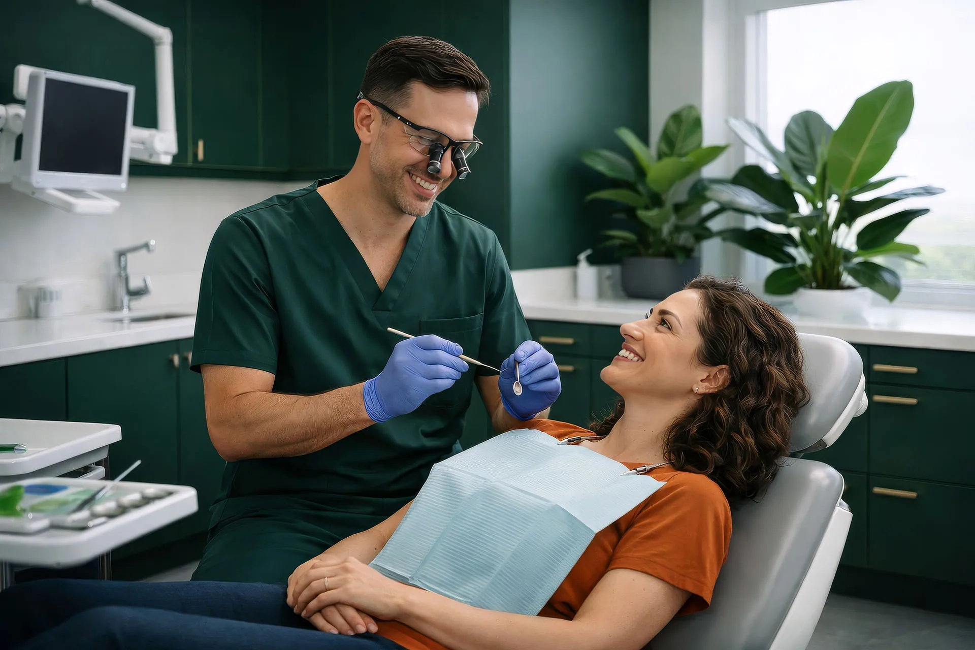A dentist working on a patient in the chair