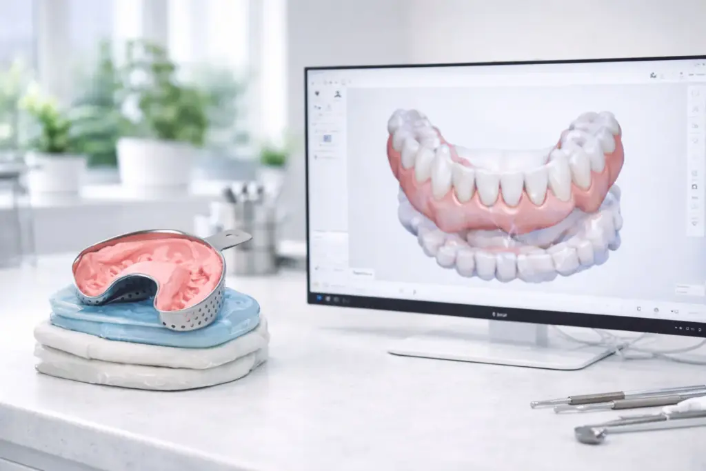 A physical dental mold beside its digital scan on a screen