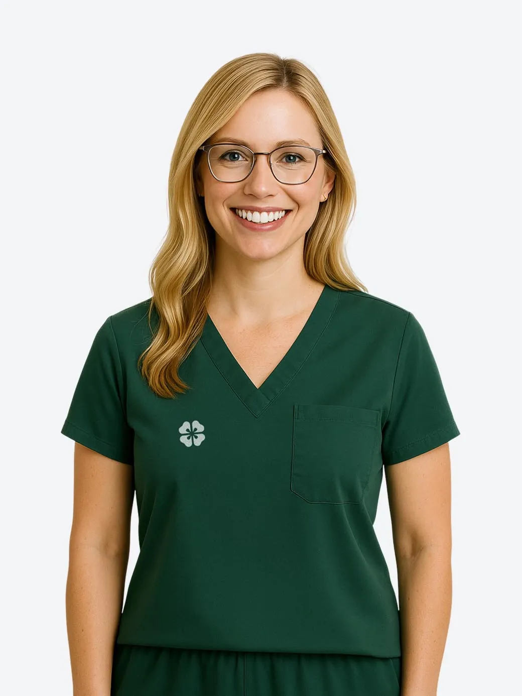 Dr. Emily Carter, a blonde dentist with glasses in green scrubs