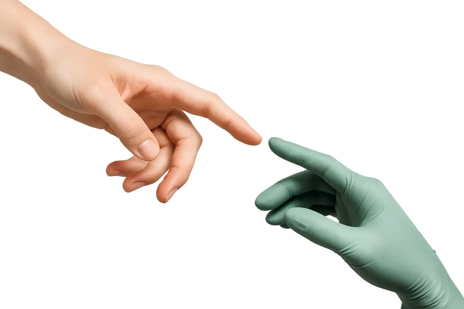 A hand and a gloved hand reaching for each other on a white background