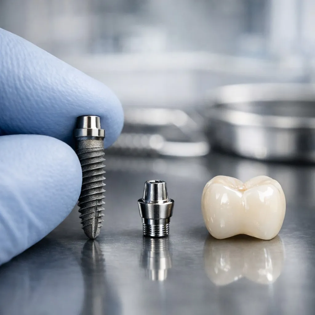 Dental implant parts and a crown on a tray