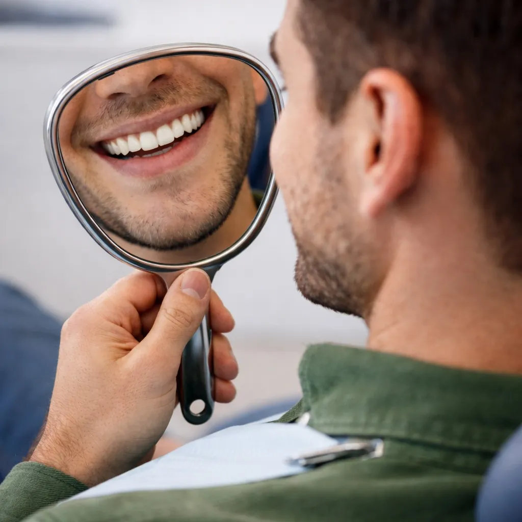 A man checking his smile in a hand mirror