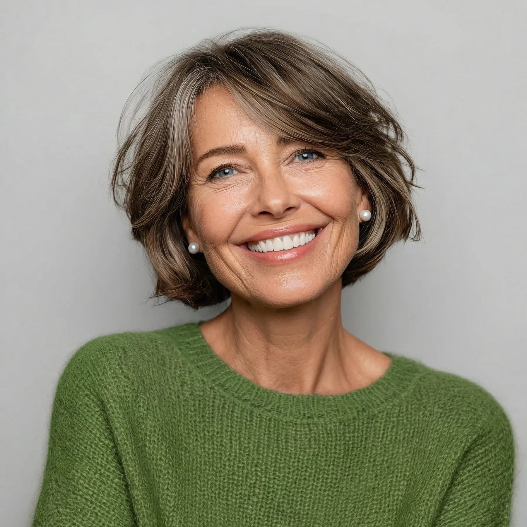 A smiling woman with short brown hair in a green sweater