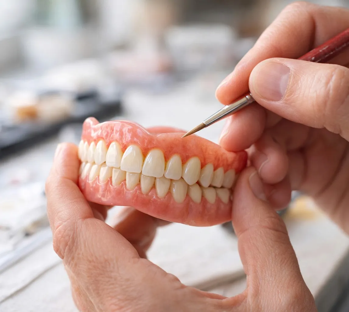 Close-up of a dental prosthetic being painted